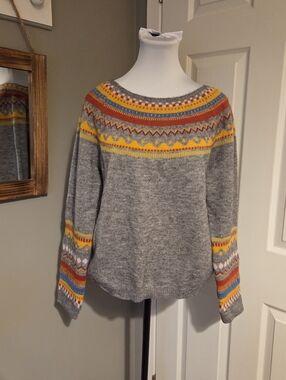 Women’s Grey Fair Isle Yoke Sweater with Yellow & Red Accents